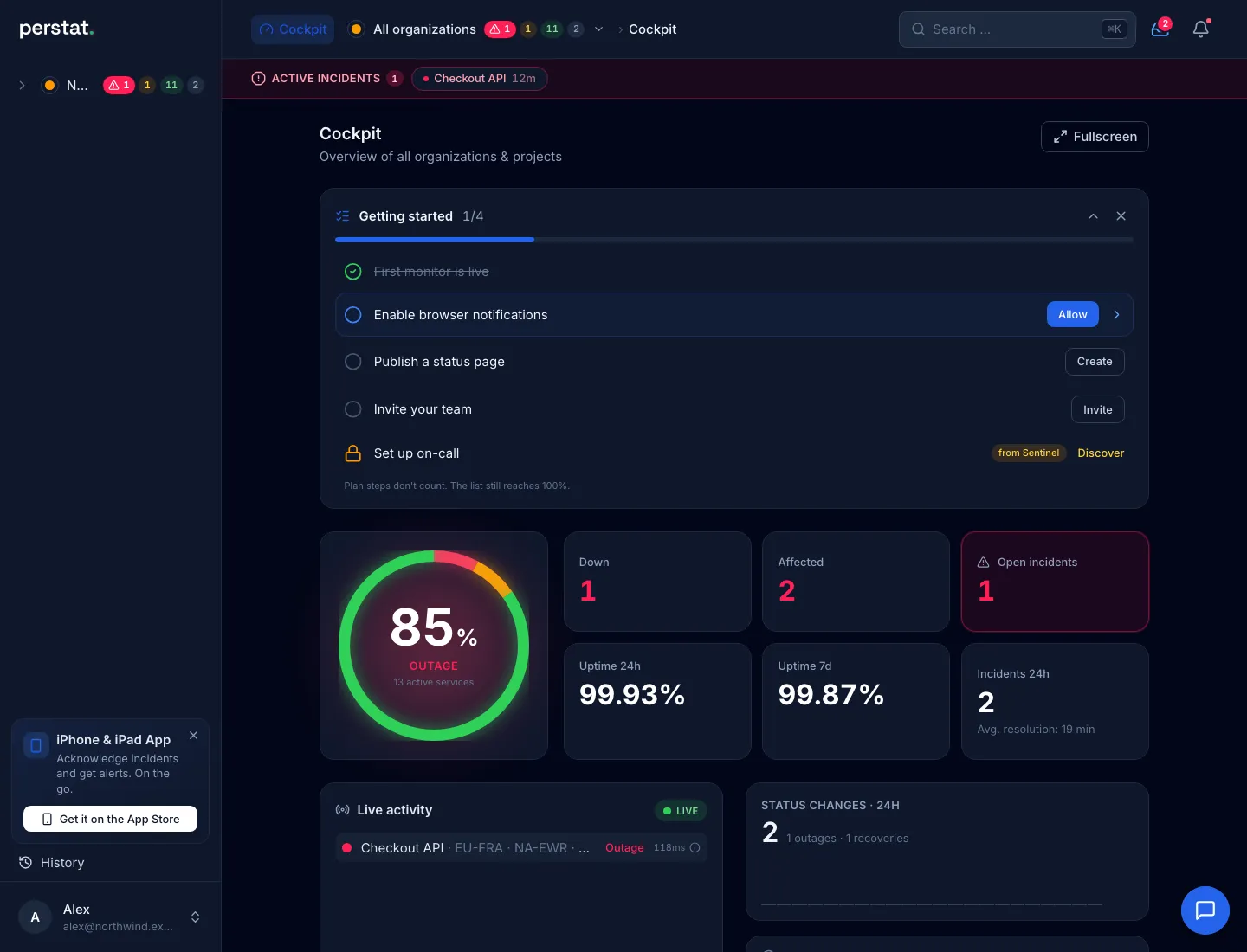 The Perstat cockpit: an active incident banner, the health ring, uptime and incident counters, the live activity feed and recent status changes.